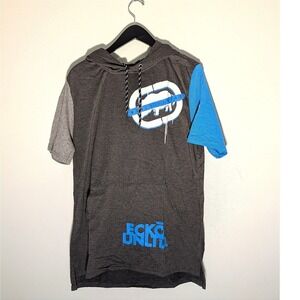 Ecko Unltd. Men's Med Short Sleeve Hoodie Charcoal Heather Blue Logo Y2K‎ NWT